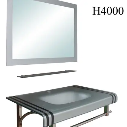 เคาน์เตอร์แก้ว พรีเมี่ยม+กระจก H4000 สีเทาแถบดำ HAUS