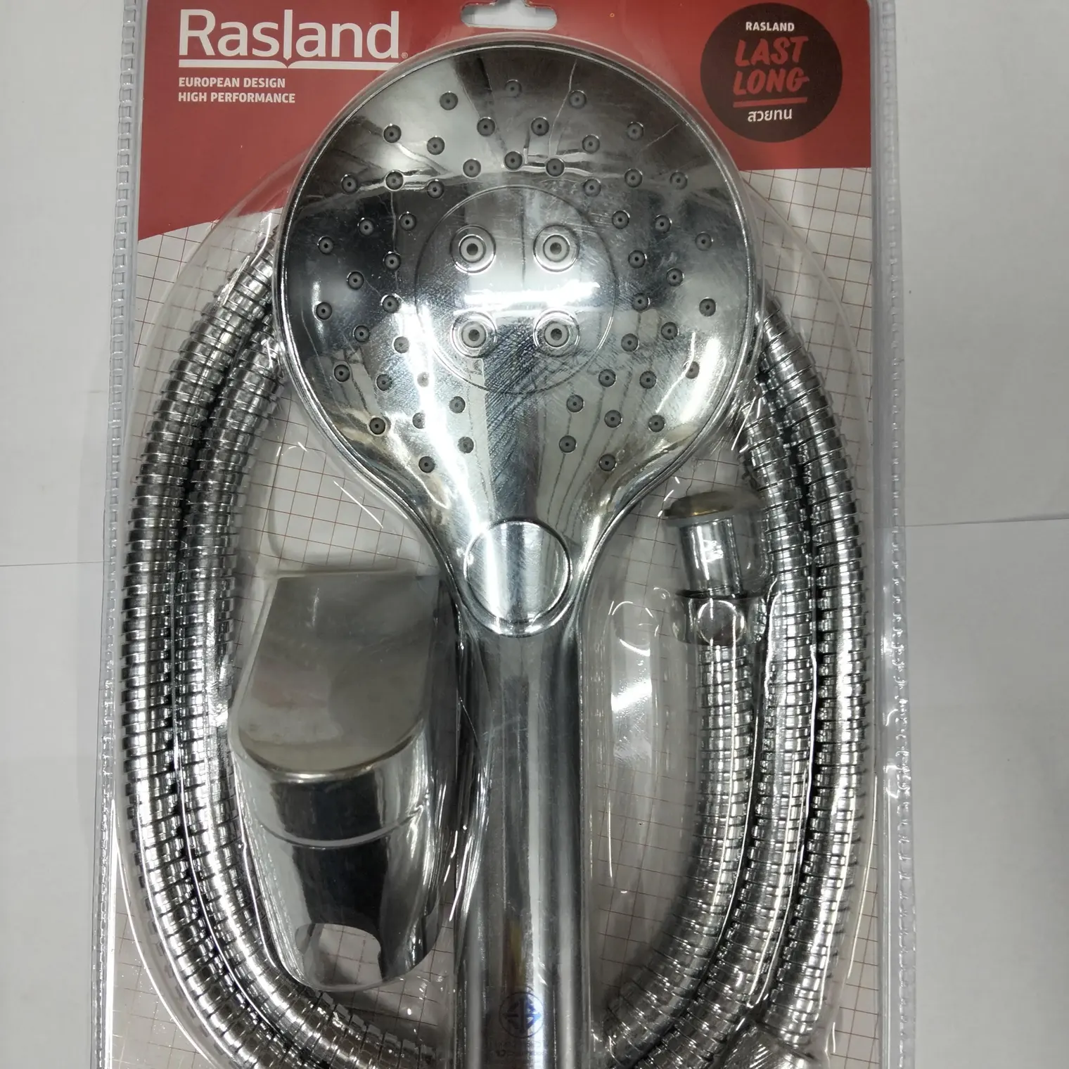 ชุดฝักบัวมือ พร้อมสายโครเมียมและขอแขวน RA 68333 RASLAND