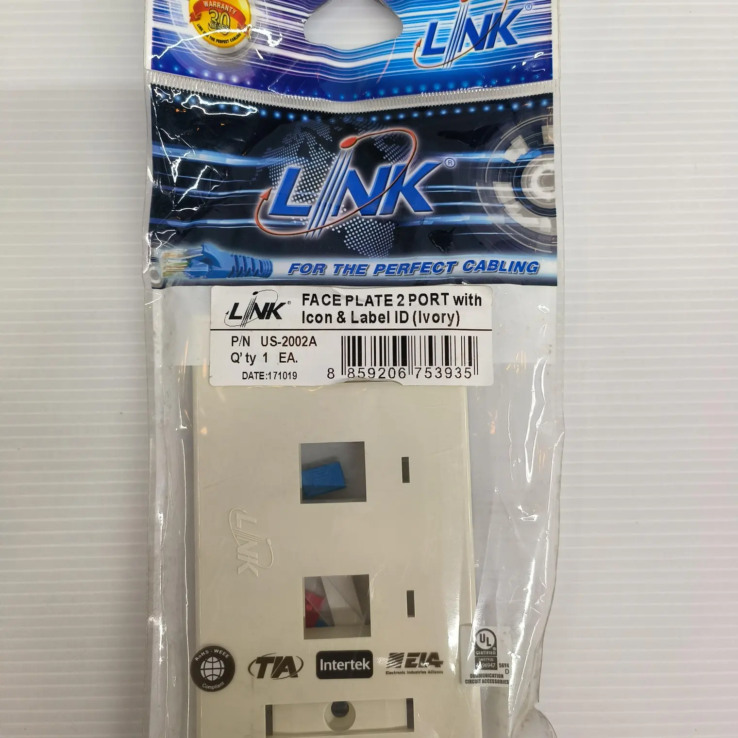 หน้ากากครอบกับหัวแลน 2 ช่อง พร้อมป้ายชื่อ US2002A สีงา LINK