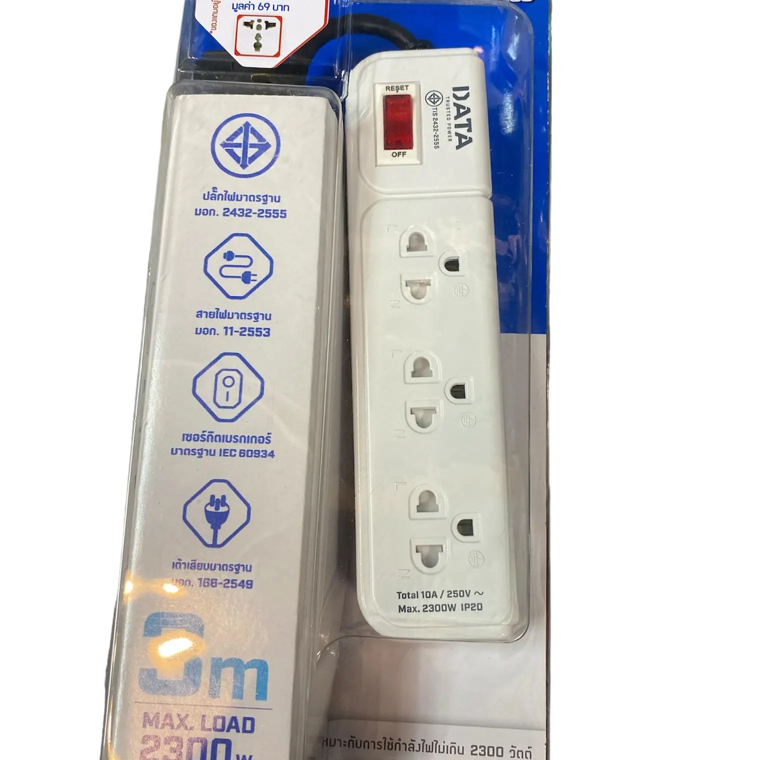 รางปลั๊กไฟ มอก. 3 ช่อง 1 สวิตช์ 3 ม. AP3159 สีเทา DATA