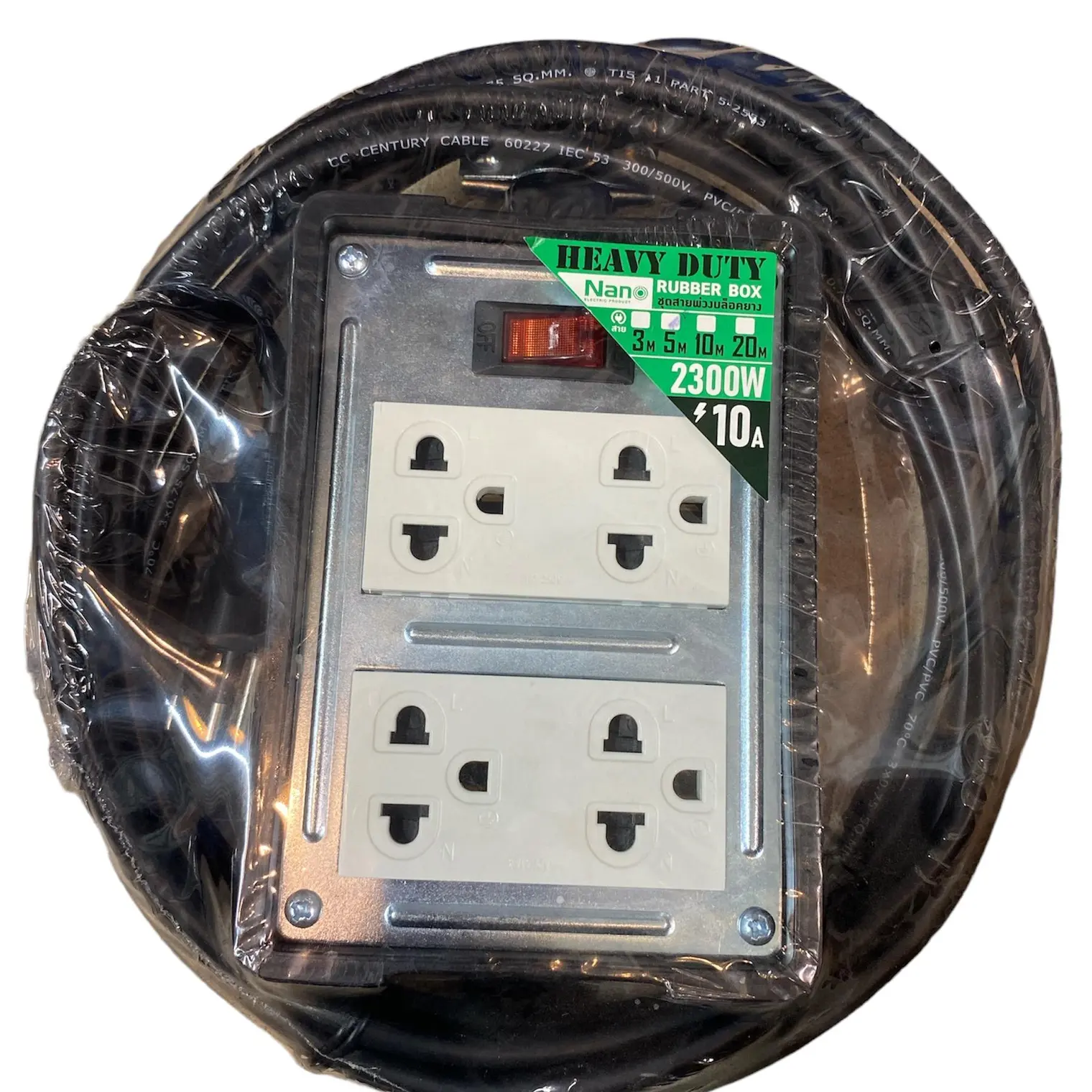 บล๊อคยาง+เต้ารับ 4 ช่อง+เมนสวิทซ์+สายไฟ 250V 10A 5 ม. RB10HS4-5M NANO