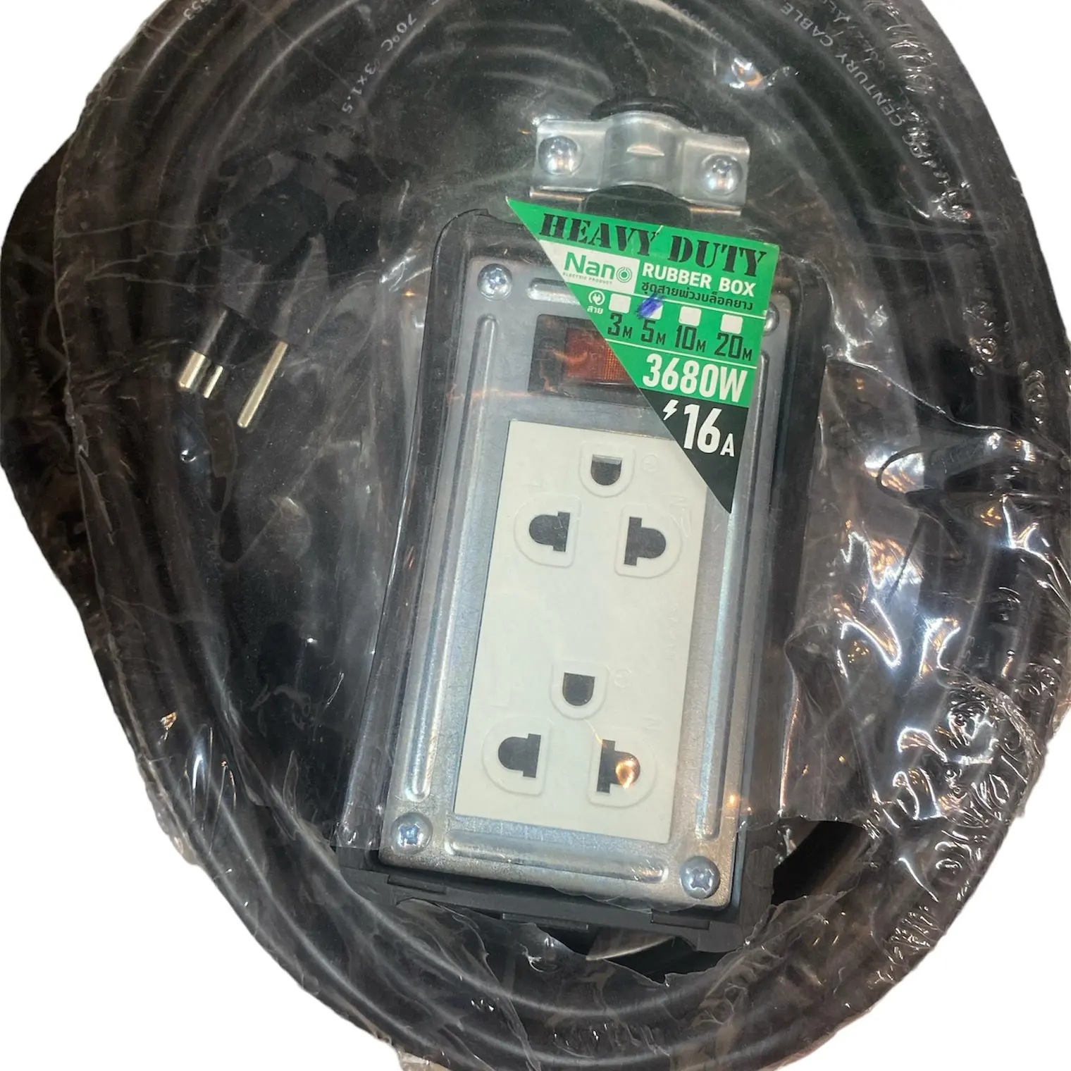 บล๊อคยาง+เต้ารับ 2 ช่อง+เมนสวิทซ์+สายไฟ 250V 16A 5 ม. RB16HS2-5M NANO
