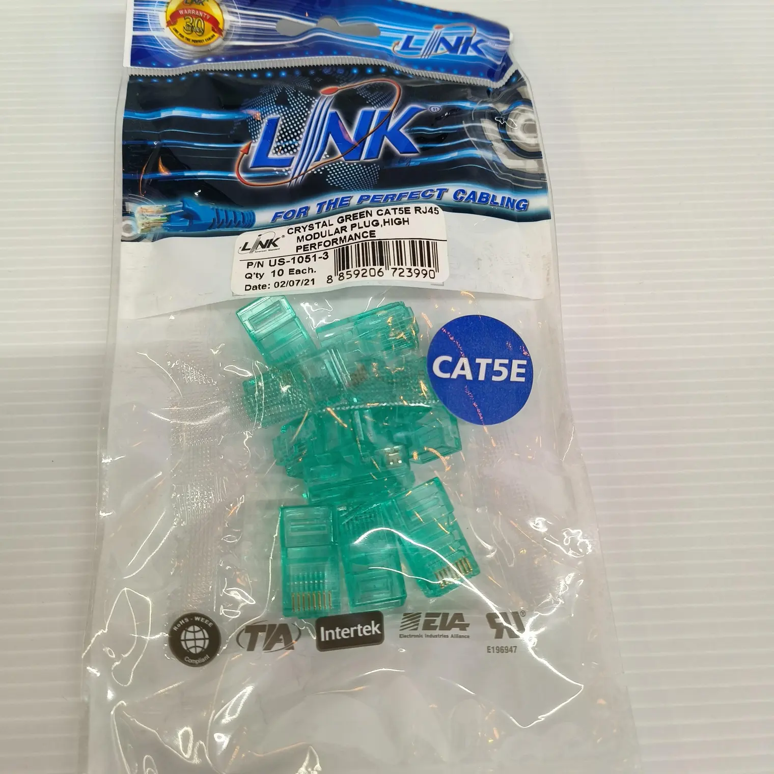 หัวแลน RJ45 ตัวผู้ CAT5E US10513 สีเขียว LINK