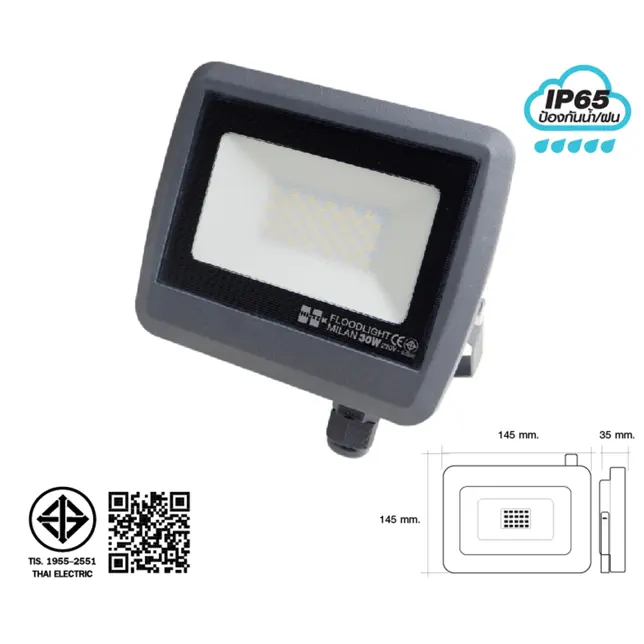 โคมฟลัดไลท์ LED 30W มิลาน IP70 สีเทาดำ แสงนวล HI-TEK