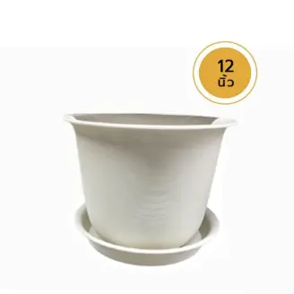 กระถางกลมมินิมอล+จานรอง ลายริ้วนอน 12 นิ้ว สีขาว POLYMERRY