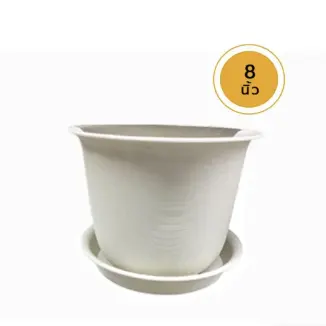 กระถางกลมมินิมอล+จานรอง ลายริ้วนอน 8 นิ้ว สีขาว POLYMERRY